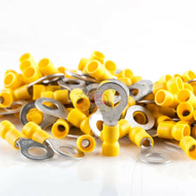 Load image into Gallery viewer, 100 Wire Ring Terminals Vinyl Yellow 12-10 AWG  5/16&quot; Car Audio Crimp Connectors
