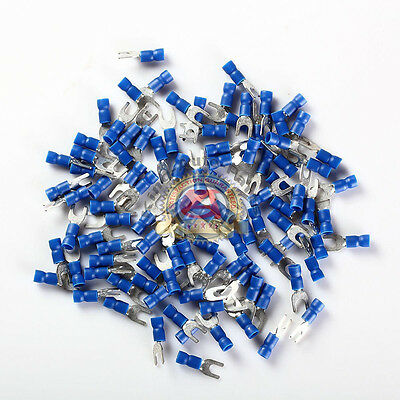 100pcs BLUE FORK SPADE TERMINAL 16-14GA #8 VINYL INSULATED CRIMP WIRE CONNECTOR
