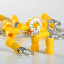 Load image into Gallery viewer, 100 Wire Ring Terminals Vinyl Yellow 12-10 AWG 1/4&quot; Car Audio Crimp Connectors
