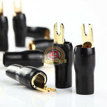 Load image into Gallery viewer, 10 x BLACK 4 GAUGE AWG GOLD PLATED BARRIER FORK SPADES CAR STEREO AMP TERMINALS
