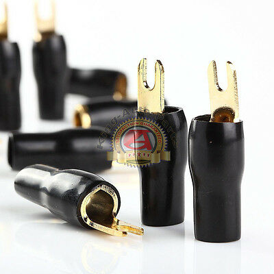 10 x BLACK 4 GAUGE AWG GOLD PLATED BARRIER FORK SPADES CAR STEREO AMP TERMINALS