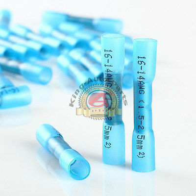 (100) 16-14 AWG BLUE HEAT SHRINK BUTT WIRE CONNECTOR AUTOMOTIVE-MARINE GRADE