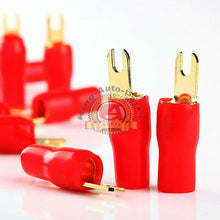 Load image into Gallery viewer, 10 x RED 4 GAUGE AWG GOLD PLATED BARRIER FORK SPADES CAR STEREO AMP TERMINALS
