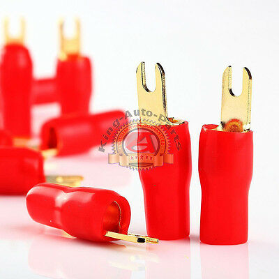 10 x RED 4 GAUGE AWG GOLD PLATED BARRIER FORK SPADES CAR STEREO AMP TERMINALS