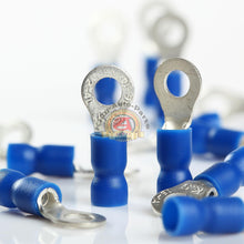 Load image into Gallery viewer, 100 Car Ground Wire Ring Terminals Vinyl Blue 16-14 Gauge Connectors #8 Hole

