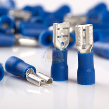 Load image into Gallery viewer, 14-16 GAUGE AWG BLUE .187&quot; FEMALE QUICK DISCONNECT TERMINALS INSULATED 100 PACK
