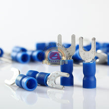 Load image into Gallery viewer, 100pcs BLUE FORK SPADE TERMINAL 16-14GA #8 VINYL INSULATED CRIMP WIRE CONNECTOR

