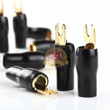 Load image into Gallery viewer, 10 x BLACK 4 GAUGE AWG GOLD PLATED BARRIER FORK SPADES CAR STEREO AMP TERMINALS
