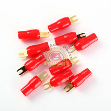 Load image into Gallery viewer, 10 x RED 4 GAUGE AWG GOLD PLATED BARRIER FORK SPADES CAR STEREO AMP TERMINALS

