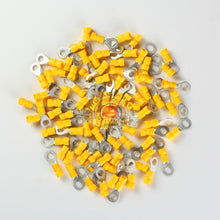 Load image into Gallery viewer, 100 Wire Ring Terminals Vinyl Yellow 12-10 AWG 1/4&quot; Car Audio Crimp Connectors
