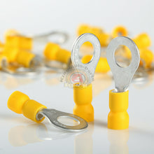 Load image into Gallery viewer, 100 Wire Ring Terminals Vinyl Yellow 12-10 AWG  5/16&quot; Car Audio Crimp Connectors
